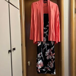 Coral cardigan and flowered skirt
